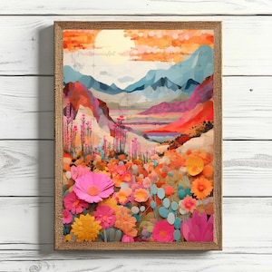 May include: A framed art print depicting a vibrant landscape with mountains, flowers, and a sunset. The artwork uses a variety of colours, including pink, orange, blue, and yellow. The frame is made of wood.