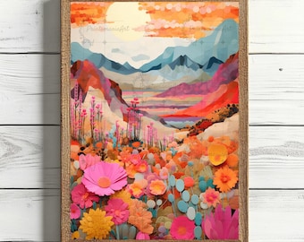Impresión de montaña rosa y naranja, arte abstracto de montaña, impresión de paisaje vibrante, arte abstracto de paisaje, arte de pared colorido, arte de paisaje, arte de patchwork