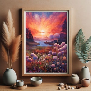 Puede incluir: Una impresi&oacute;n art&iacute;stica enmarcada que presenta una pintura de paisaje vibrante. La obra de arte representa una puesta de sol sobre un lago, con cielos coloridos y campos de flores. El marco es de madera clara, y la est&eacute;tica general es c&aacute;lida y acogedora.