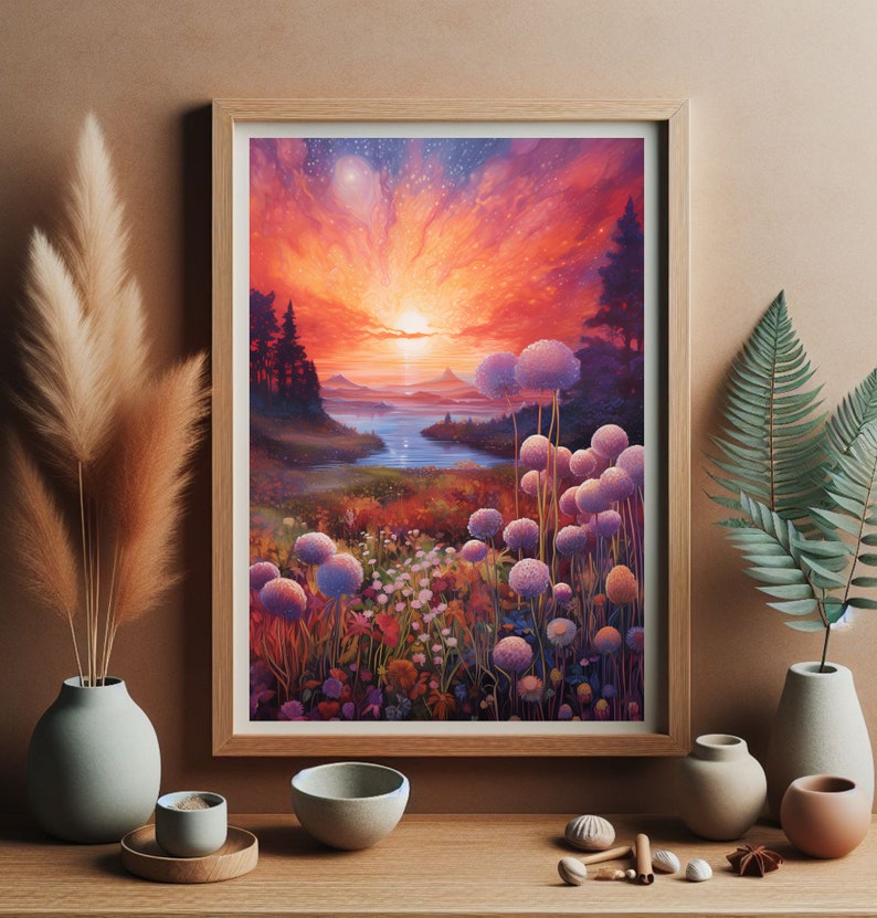 Puede incluir: Una impresi&oacute;n art&iacute;stica enmarcada que presenta una pintura de paisaje vibrante. La obra de arte representa una puesta de sol sobre un lago, con cielos coloridos y campos de flores. El marco es de madera clara, y la est&eacute;tica general es c&aacute;lida y acogedora.