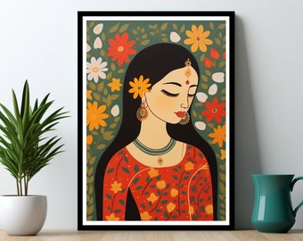 Hermosa princesa india Arte indio Arte mural indio vintage Impresión de jardín indio Pintura popular india imprimible Pintura Pichwai Pintura india