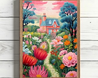 Flower Garden Illustration Spring Pink Garden Print Colorful Wall Art Bright Whimsical Garden Painting Vibrant Colorful Landscape Painting