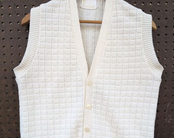 Vintage Cream Off White Textured Knit Sleeveless Button Down Sweater Vest Size M