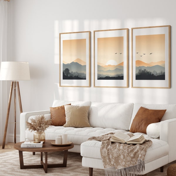 Glorious Sun Landscape print set of 3, Abstract Wall Art, Mood enhancing and refreshing three piece Gallery Wall Set