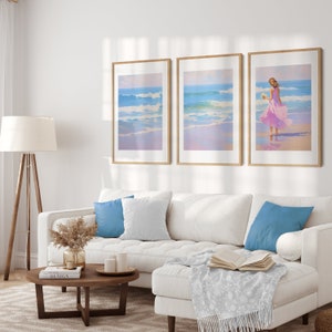 Girl in Pink at Beach Wall Art, Gallery Wall Art Set, Set of Three, Printable Pink Blue Beach Wall Art, Beach Wall Art, Surfer Girl Wall Art