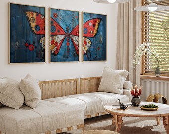 Vibrant butterfly wall art, set of three, gallery wall set, high quality instant download print, blue red butterfly