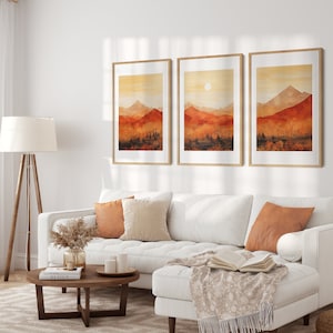 Glorious Herbst Sonnenaufgang Landschaft Druck 3er Set, 3er Set, Galerie Wand Kunst Set, Digitaldruck, Wohnheim Dekor, Orange Lebendige Wandkunst