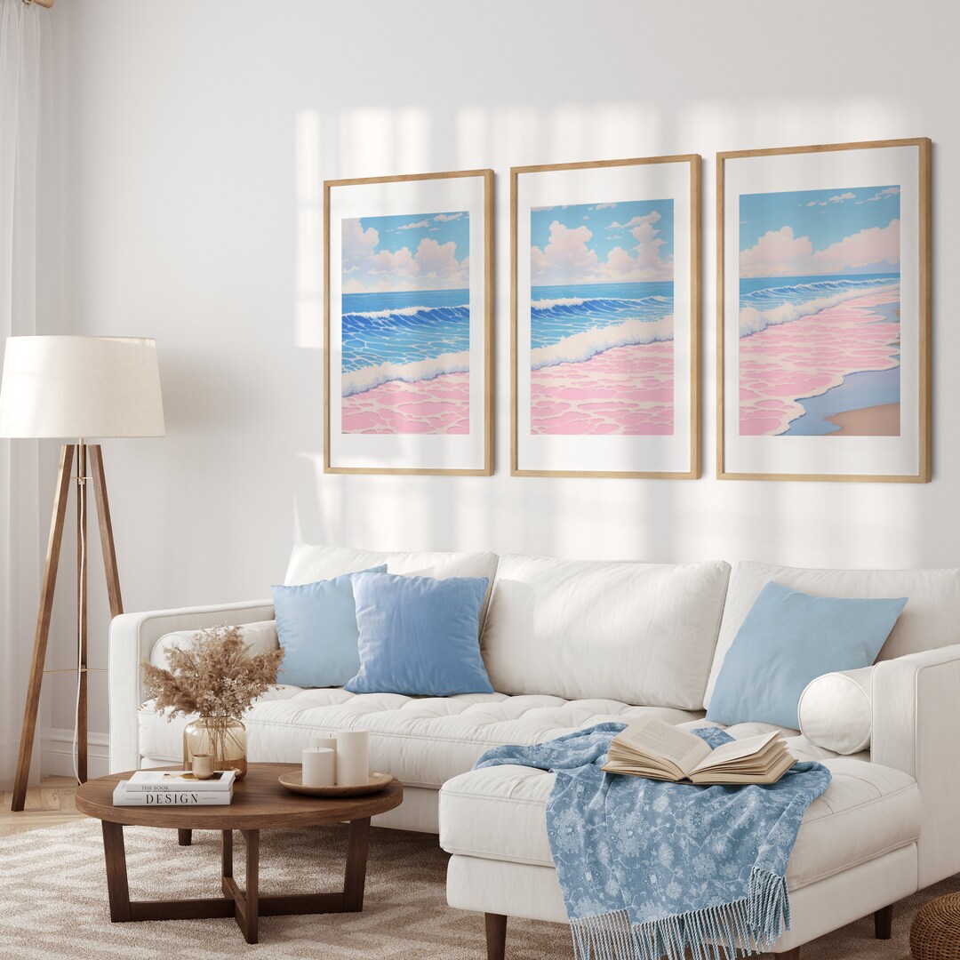 Foamy Pink Blue Sea Abstract Wall Art, Set of Three, Minimalistic ...