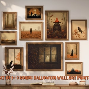 Halloween Wall Art Set of Nine, Gallery Set, Halloween and Fall Collage, Witch, Cat, Pumpkin, Ghost, Raven, Scarecrow, Toad, Autumn Decor
