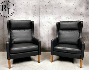 Mid Century Danish Modern Leather Børge Mogensen Wingback Chairs, Black - a Pair