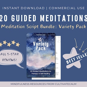Könnte beinhalten: Werbung für ein digitales Meditations-Skript-Bundle. Das Bild zeigt eine Produktverpackung mit den Worten "Variety Pack" und "20 Guided Meditations". Zusätzlicher Text enthält "Best Seller" und "All 5-Star Reviews!"