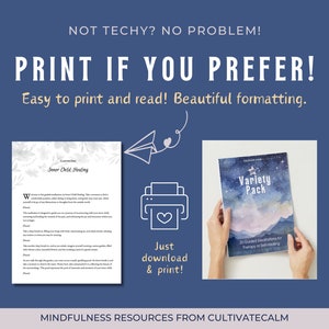 K&ouml;nnte beinhalten: Eine marineblaue Grafik mit dem Text &bdquo;NOT TECHY? NO PROBLEM! PRINT IF YOU PREFER!&ldquo; und &bdquo;Easy to print and read! Beautiful formatting.&ldquo; Das Bild zeigt auch eine gedruckte Seite und ein Buch mit dem Titel &bdquo;Variety Pack&ldquo;.