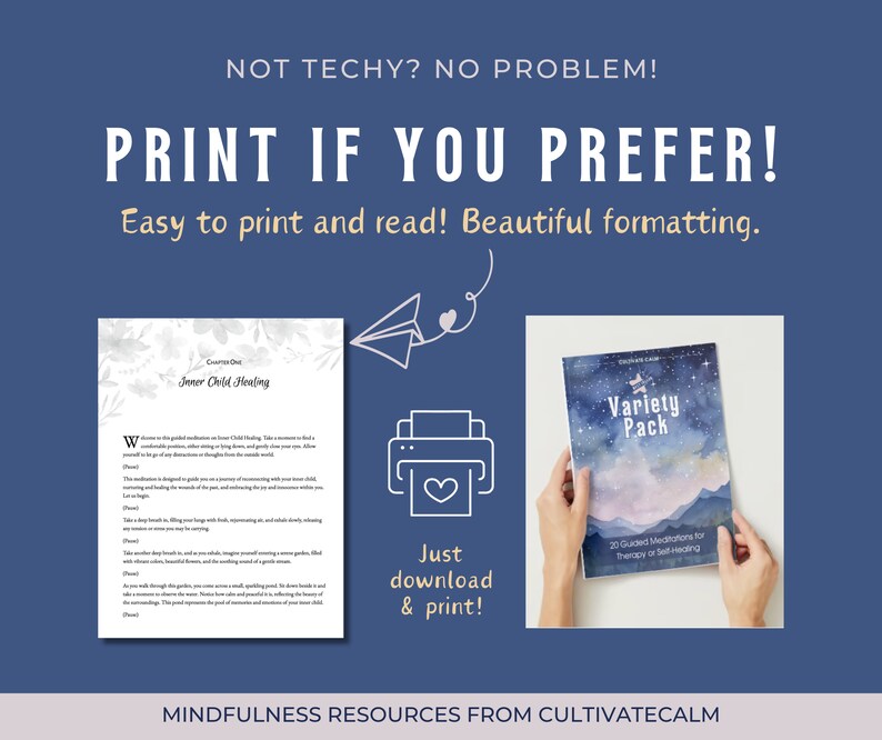 K&ouml;nnte beinhalten: Eine marineblaue Grafik mit dem Text &bdquo;NOT TECHY? NO PROBLEM! PRINT IF YOU PREFER!&ldquo; und &bdquo;Easy to print and read! Beautiful formatting.&ldquo; Das Bild zeigt auch eine gedruckte Seite und ein Buch mit dem Titel &bdquo;Variety Pack&ldquo;.