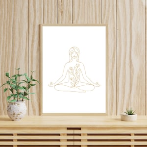 Young Woman Meditates Printable Wall Art, Calmness Pose Poster Line Art, Spiritual Wall Art, Wall Art Minimal Floral Print Meditation Poster