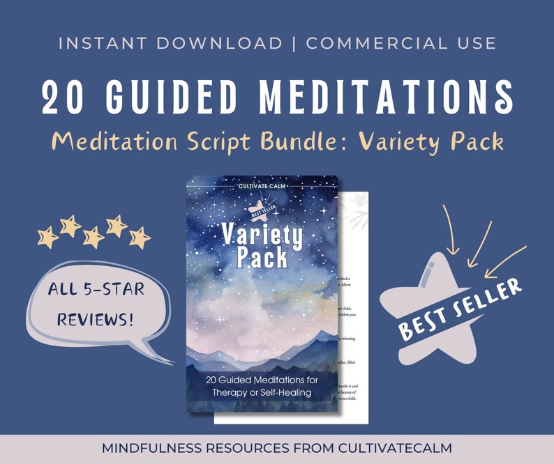 K&ouml;nnte beinhalten: Werbung f&uuml;r ein digitales Meditations-Skript-Bundle. Das Bild zeigt eine Produktverpackung mit den Worten "Variety Pack" und "20 Guided Meditations". Zus&auml;tzlicher Text enth&auml;lt "Best Seller" und "All 5-Star Reviews!"