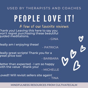 K&ouml;nnte beinhalten: Marineblaue Grafik mit wei&szlig;em Text, der &bdquo;PEOPLE LOVE IT!&ldquo; und &bdquo;A few of our favorite reviews&ldquo; lautet. Enth&auml;lt Kundenrezensionen und wei&szlig;e Herzillustrationen. Der Text oben lautet &bdquo;USED BY THERAPISTS AND COACHES&ldquo;.