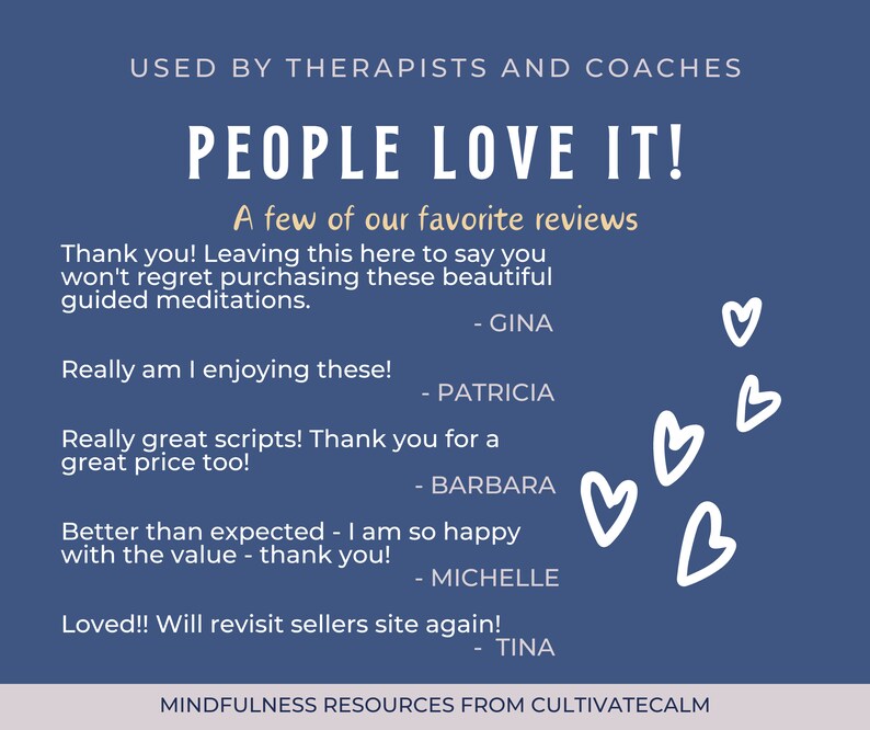 K&ouml;nnte beinhalten: Marineblaue Grafik mit wei&szlig;em Text, der &bdquo;PEOPLE LOVE IT!&ldquo; und &bdquo;A few of our favorite reviews&ldquo; lautet. Enth&auml;lt Kundenrezensionen und wei&szlig;e Herzillustrationen. Der Text oben lautet &bdquo;USED BY THERAPISTS AND COACHES&ldquo;.