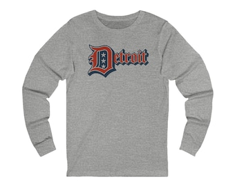 Detroit Jersey Long Sleeve T - Festive Red White Blue 4th of July Tee, Unisex Top Shirt Sweatshirt Hoodie, Detroit Baseball Fan Apparel