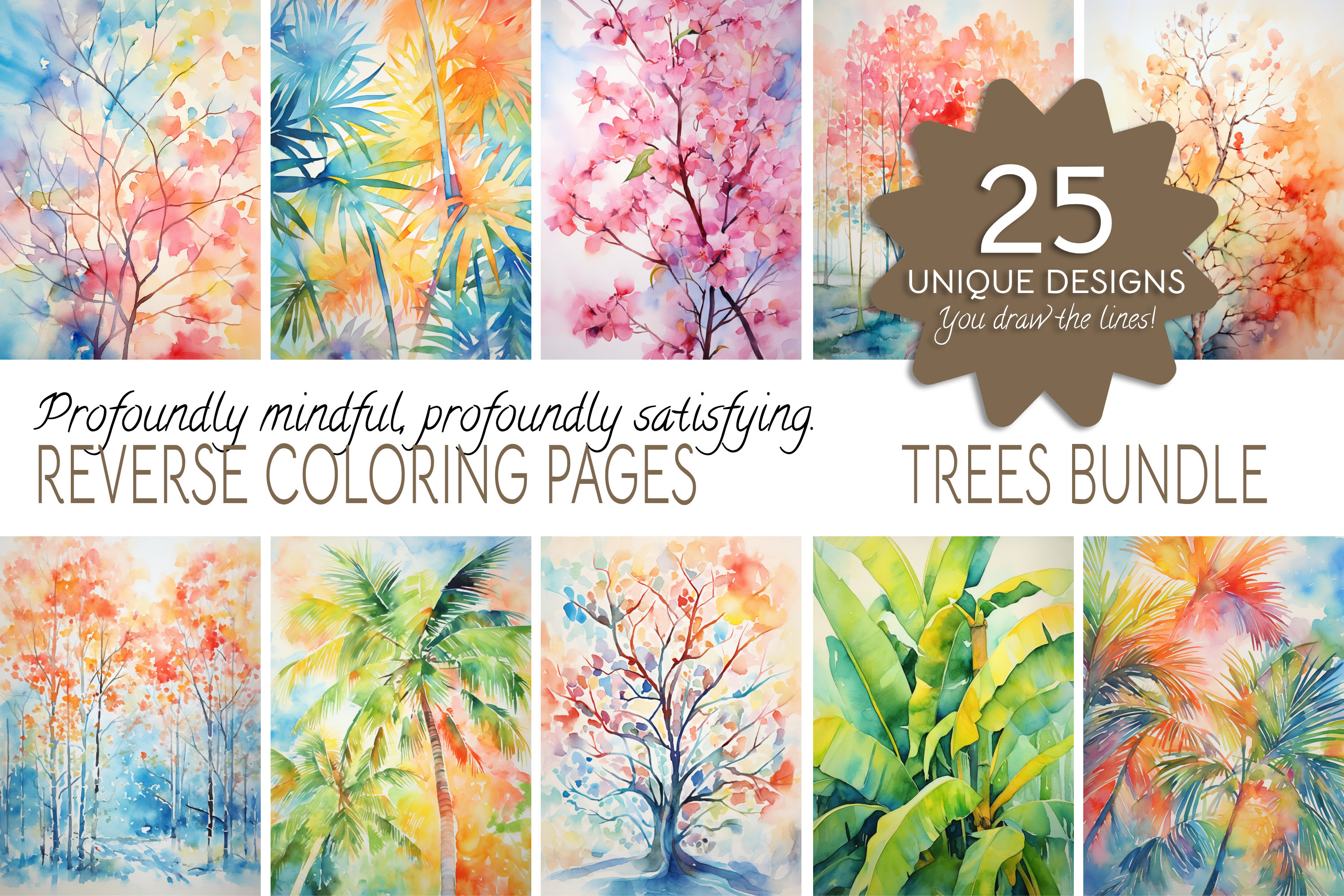Pages de coloriage inversées - Arbres Bundle - 25 arbres aquarelles
