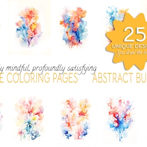 Könnte beinhalten: Ein Set mit 25 abstrakten Reverse-Malvorlagen. Die Seiten zeigen farbenfrohe Aquarelldesigns mit einer Vielzahl von Formen und Texturen. Der Text "Profoundly mindful, profoundly satisfying. REVERSE COLORING PAGES ABSTRACT BUNDLE 3" befindet sich am unteren Rand des Bildes.
