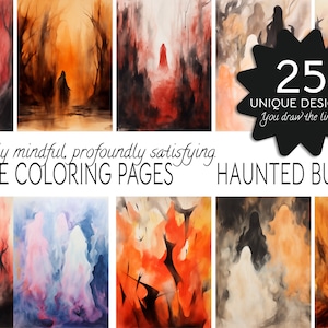 May include: A collection of reverse coloring pages with a haunted theme. The artwork features silhouettes of figures in eerie landscapes with a palette of reds, oranges, and blacks. The text reads "25 UNIQUE DESIGNS You draw the lines! HAUNTED BUNDLE."
