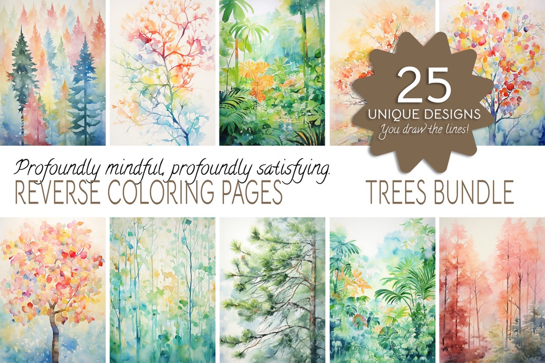 Pages de coloriage inversées - Arbres Bundle - 25 arbres aquarelles