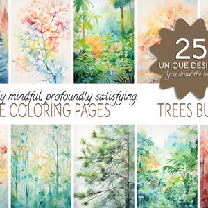 Könnte beinhalten: Eine Collage aus 25 Aquarellmalereien von Bäumen in verschiedenen Stilen und Farben. Der Text "25 EINZIGARTIGE DESIGNS Sie zeichnen die Linien!" und "Tiefgründig achtsam, tiefgründig befriedigend. UMGEKEHRTE MALBÜCHER BAUM-PAKET" ist auf dem Bild zu sehen.