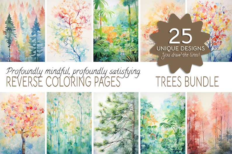 Reverse Coloring Pages - Trees Bundle - 25 Unique Watercolor Trees and ...