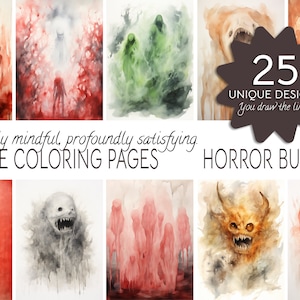 May include: A collection of 25 unique reverse coloring pages featuring horror-themed illustrations. The images are in watercolor style and depict various spooky creatures and scenes. The text "Profoundly mindful, profoundly satisfying. REVERSE COLORING PAGES HORROR BUNDLE" is at the bottom of the image.