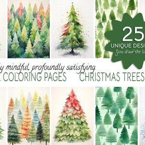 Könnte beinhalten: Eine Sammlung von 25 einzigartigen Aquarell-Weihnachtsbaum-Designs für umgekehrte Malvorlagen. Die Designs zeigen verschiedene Stile von Bäumen, darunter einzelne Bäume, Wälder und Muster. Der Text "25 EINZIGARTIGE DESIGNS Sie zeichnen die Linien!" ist im Bild zu sehen.