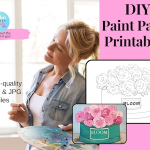 May include: A printable paint party design featuring a bouquet of roses in a box with the word "BLOOM" on it. The design is shown in both a black and white outline and a colored version with pink roses and a teal box.