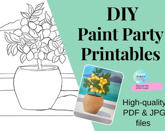 Puede incluir: Un diseño imprimible para una fiesta de pintura con un dibujo en blanco y negro de un limonero en maceta a la izquierda y una imagen a color de un limonero en maceta a la derecha. El texto "DIY Paint Party Printables" está en la parte superior de la imagen. El texto "Paint Party Create" está en un círculo en la parte inferior derecha de la imagen. El texto "Discover the artist in you!" está debajo del círculo. El texto "High-quality PDF & JPG files" está en la parte inferior de la imagen.