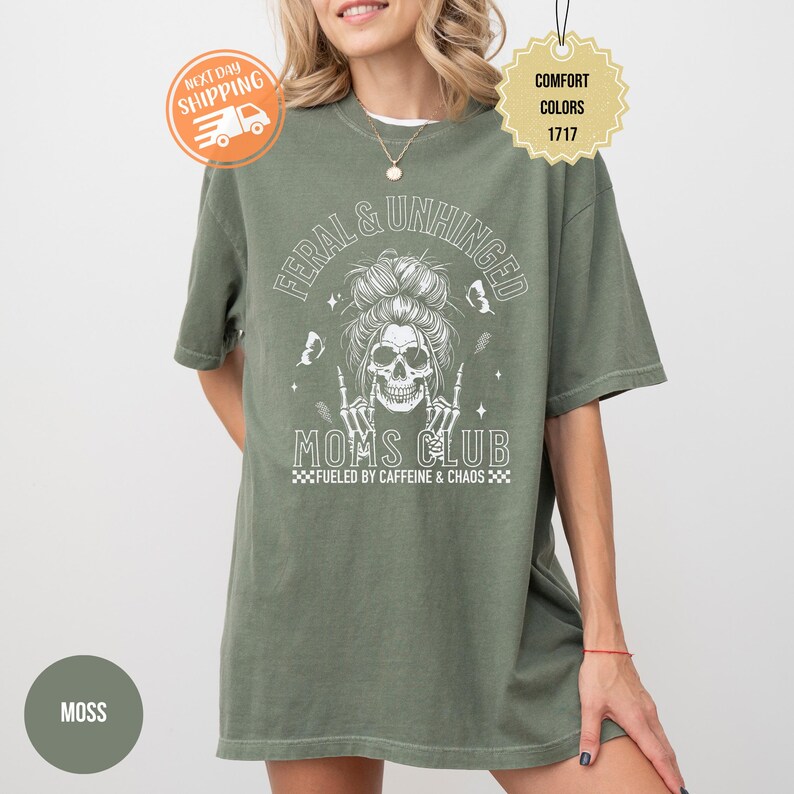 Komfort Farben wilde Unhinged Moms Club Shirt, lustiges Schädel Kaffee Mama Geschenk Bild 5