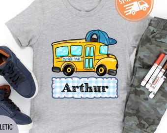 Custom Name School Bus Shirt, Back To School Tee, Outfit for Boy