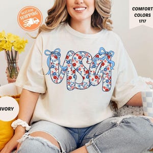 Comfort Colors® Coquette USA Shirt, 4th of July Shirt Women, Stars Stripes USA Flag Shirts, Floral Patriotic Shirt, Red White Blue Shirt