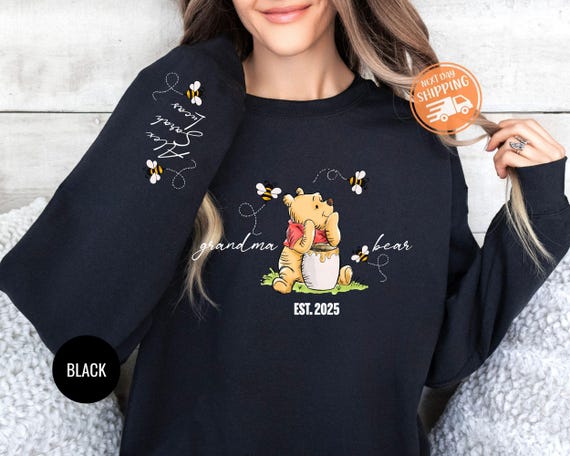Custom Grandma Bear Sweatshirt With Kids Name on Sleeve, Grandma