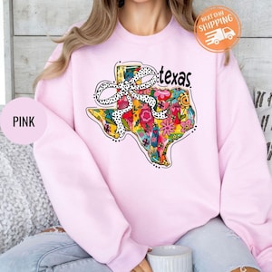 Floral Coquette Texas Sweatshirt, Texas Brushstroke Sweatshirt, Texas Coquette Bow, trendiger Texas Hoodie, Texas State Sweatshirt, adrettes Geschenk