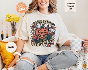 Comfort Colors Christian Halloween Tee, Religious Pumpkin Fall T-shirt, By Faith Lit By Grace