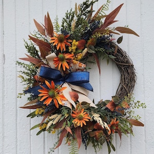 Rustic Autumn Front Door Wreath, Fall Farmhouse Decor, Orange and Blue Fall Wreath, Fall Door Decor, Country House