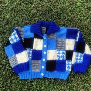 Crochet Cardigan, Blue and White Cardigan, Oversized Cardigan, Unisex Cardigan, Handmade Warm Cardigan, Parchwork Cardigan, Chunky Cardigan