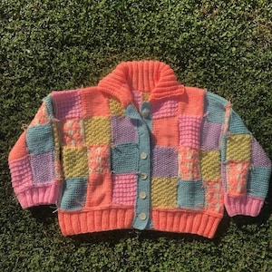 Hand Knit Cardigan Y2K Clothing Crochet Colorful Cardigan Oversized Cardigan Sweater Women Patchwork Cardigan Cozy Cardigan Pullover Sweater