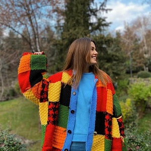 Hand Knit Cardigan Y2K Clothing Crochet Colorful Cardigan Oversized Cardigan Sweater Women Patchwork Cardigan Cozy Cardigan Pullover Sweater