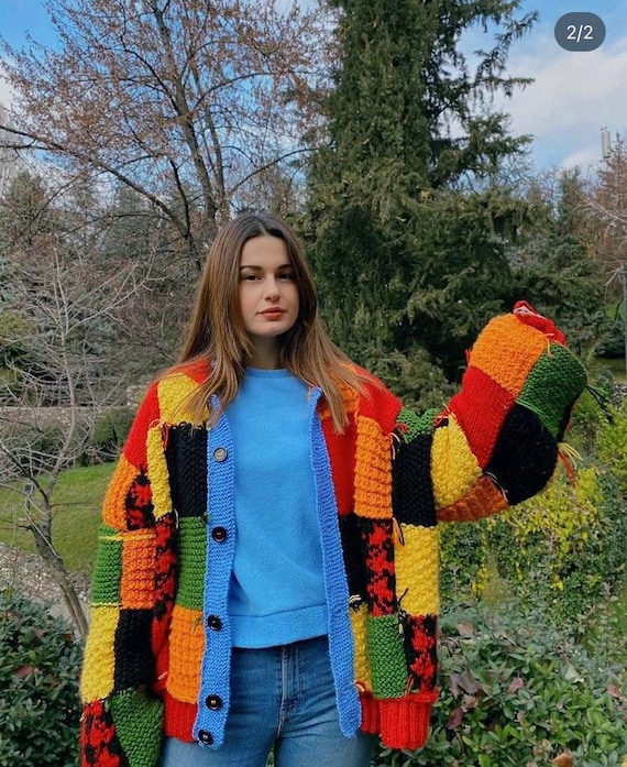 Hand Knit Cardigan Y2K Clothing Crochet Colorful Cardigan