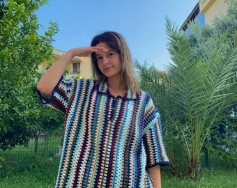 Koszula szydełkowa, Koszula unisex, Koszula wierzchnia szydełkowa, Koszula szydełkowa wielokolorowa, Koszula szydełkowa dla mężczyzn, Koszula szydełkowa dla kobiet
