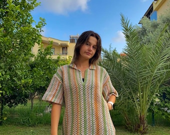 Koszula szydełkowa, Koszula unisex, Koszula wierzchnia szydełkowa, Koszula szydełkowa wielokolorowa, Koszula szydełkowa dla mężczyzn, Koszula szydełkowa dla kobiet