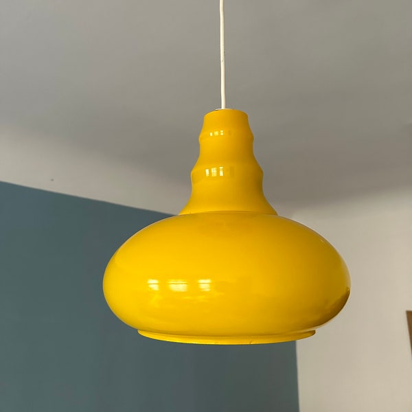 Vintage Glass Yellow Pendant Lamp/Mid Century Modern Light/Space Age Yellow Hanging Lamp/Modern Opaline Glass Fixture