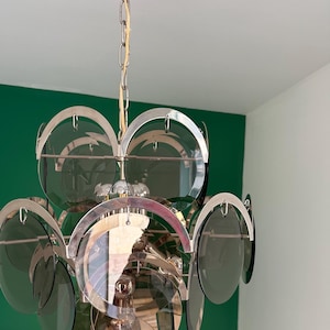 Vintage Italian Chrome And Smoked Glass Chandelier 70s/Mid Century Modern Vistosi Hanging Light/Space Age Italian Designer Lamp