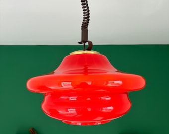 Vintage Red Pendant Light 70s/Mid Century Opaline Glass Lamp/Space Age Opaline Hanging Light/MCM Red Opaline Glass Fixture