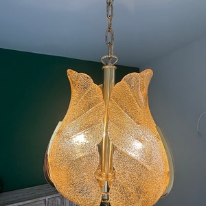 May include: A gold-toned chandelier with a chain and a frosted glass shade shaped like a tulip.