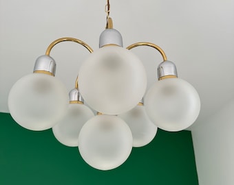 Vintage Golden Chandelier/Modern Brass Chandelier70s/Space Age Ball Ceiling Lamp/Mid Century Brass And Glass Globe Pendant Lamp/Retro Light.